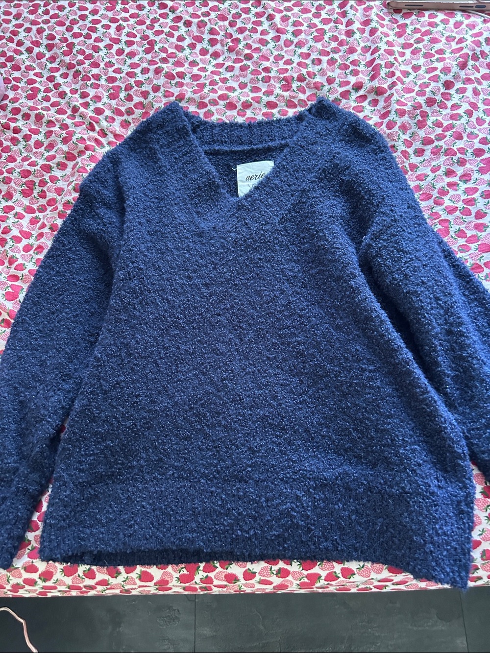 aerie Navy Textured V-Neck off the shoulder Sweater